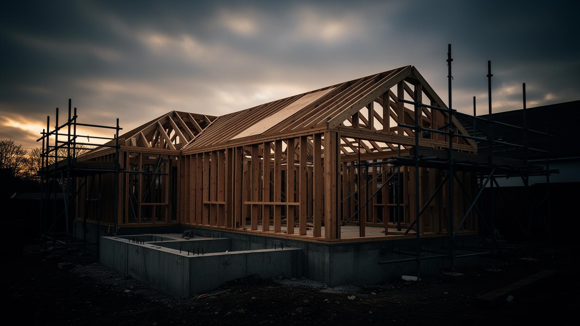 Half-built residential extension with exposed timber framing and concrete foundations
